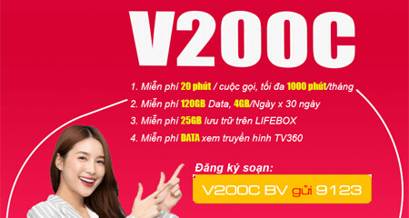 Đăng ký gói cước V200C Viettel chỉ 200k ưu đãi 4GB mỗi ngày suốt cả tháng.