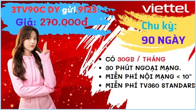 Đăng ký gói cước 3TV90C Viettel ưu đãi 90GB, free phút gọi, TV360 suốt 3 tháng